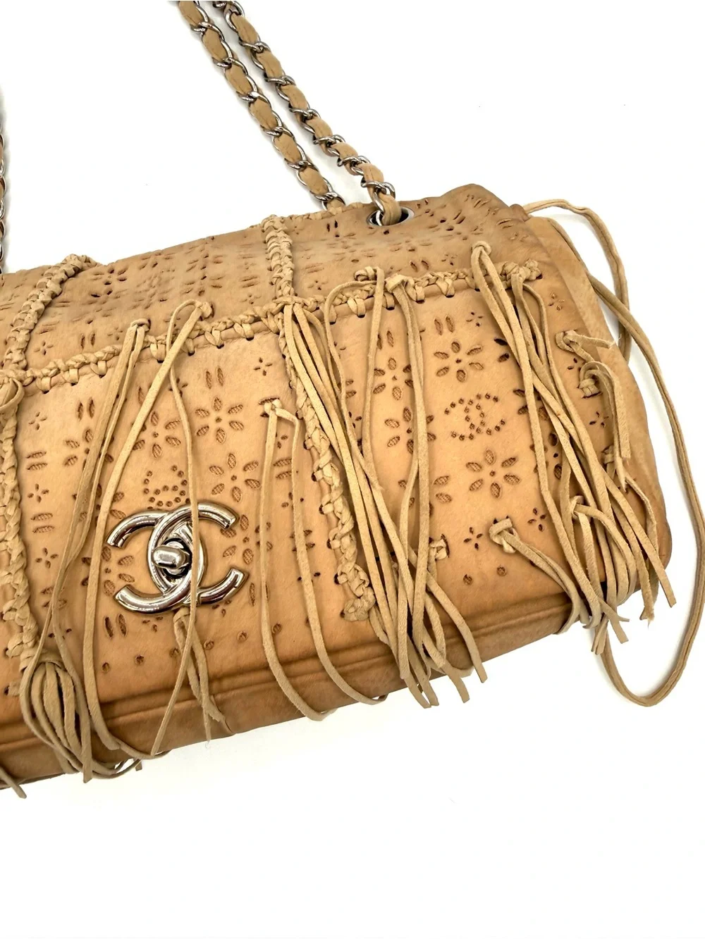 Chanel Tan Brown Suede Fringe Floral CC Flap Bag